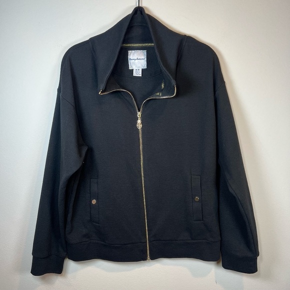 Tommy Bahama Utility Jacket Black Full Zip Textured Pockets Pineapple  Sz Medium - Picture 1 of 15